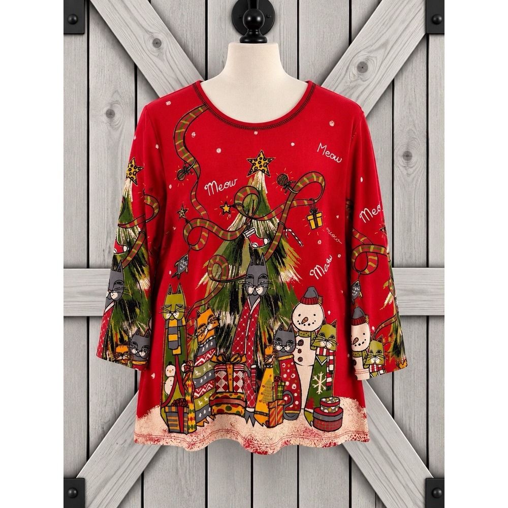 Jess & Jane Christmas Cat Snowman Graphic Top Red Rhinestones Sz M Holiday Tee